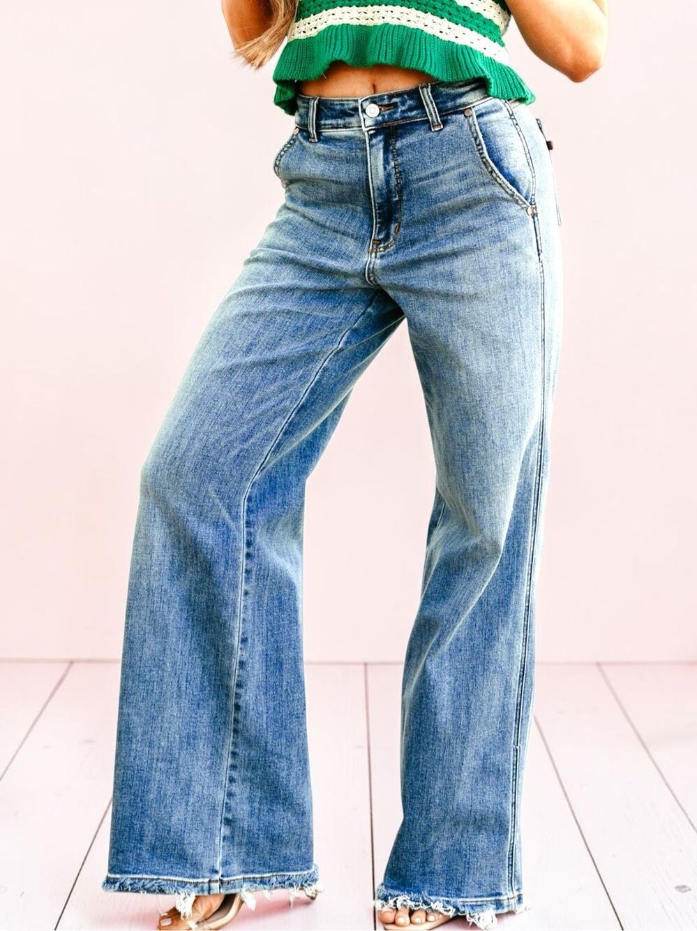 Judy Blue High Rise Retro Wide Leg Jeans Medium Sage Wash Raw Hem Stretch Denim - Picture 14 of 15